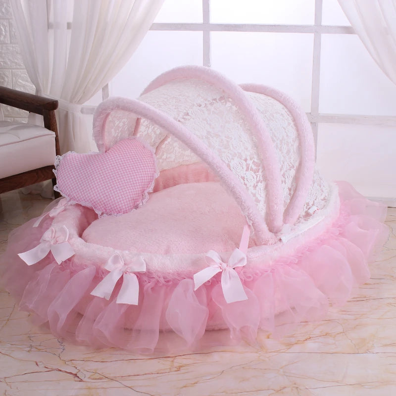 Luxury Round Pet Bed with Lace Trim - Washable Dog Bed