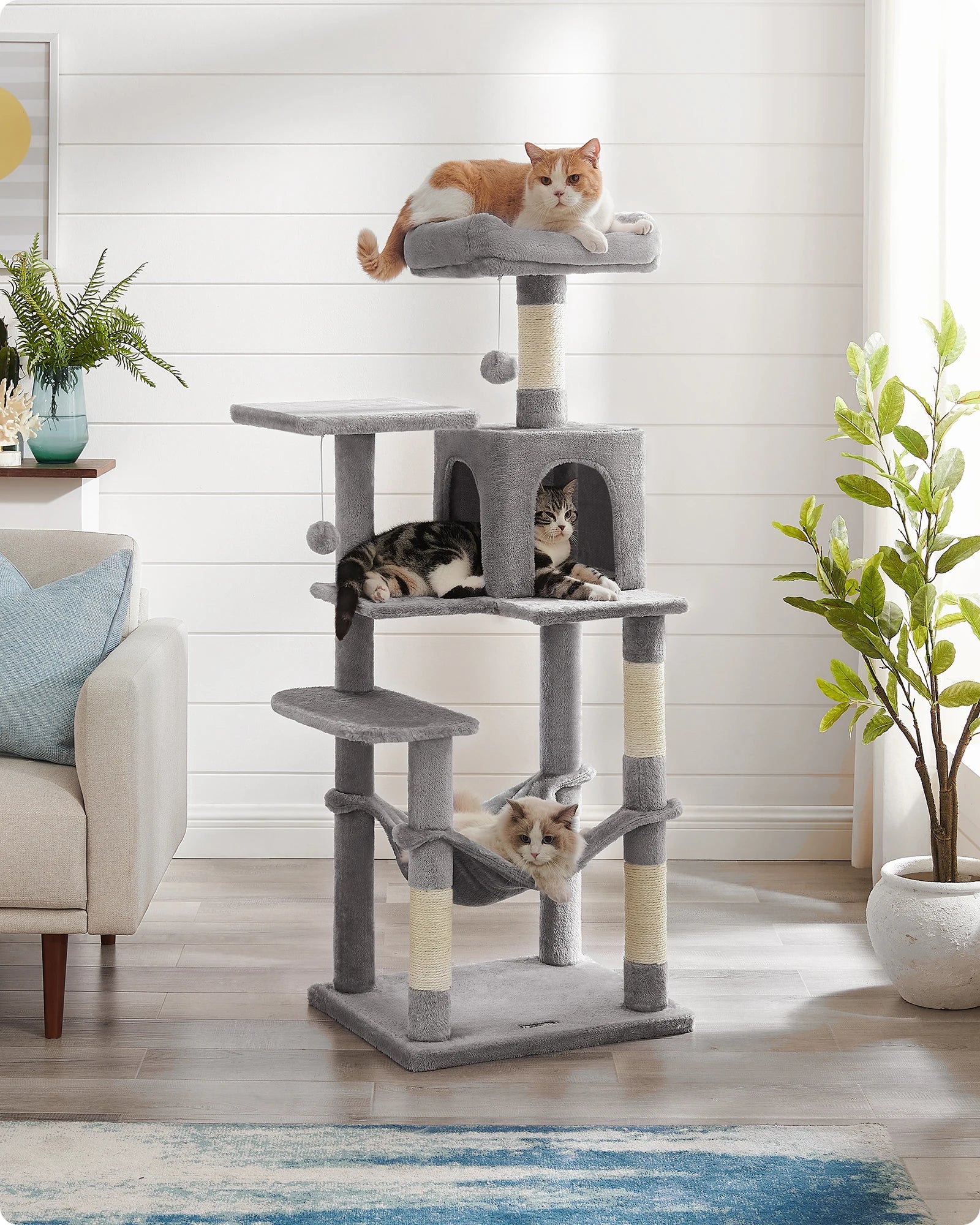 Feandrea 143cm Multi-Level Cat Tree - 4 Scratching Posts with Hammock & Cave