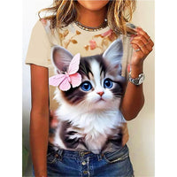Cute Cat Pattern T Shirt for Women Animal 3D Printed Short Sleeves Summer Fashion Crew Neck Tops Girl Tees Versized T-Shirts