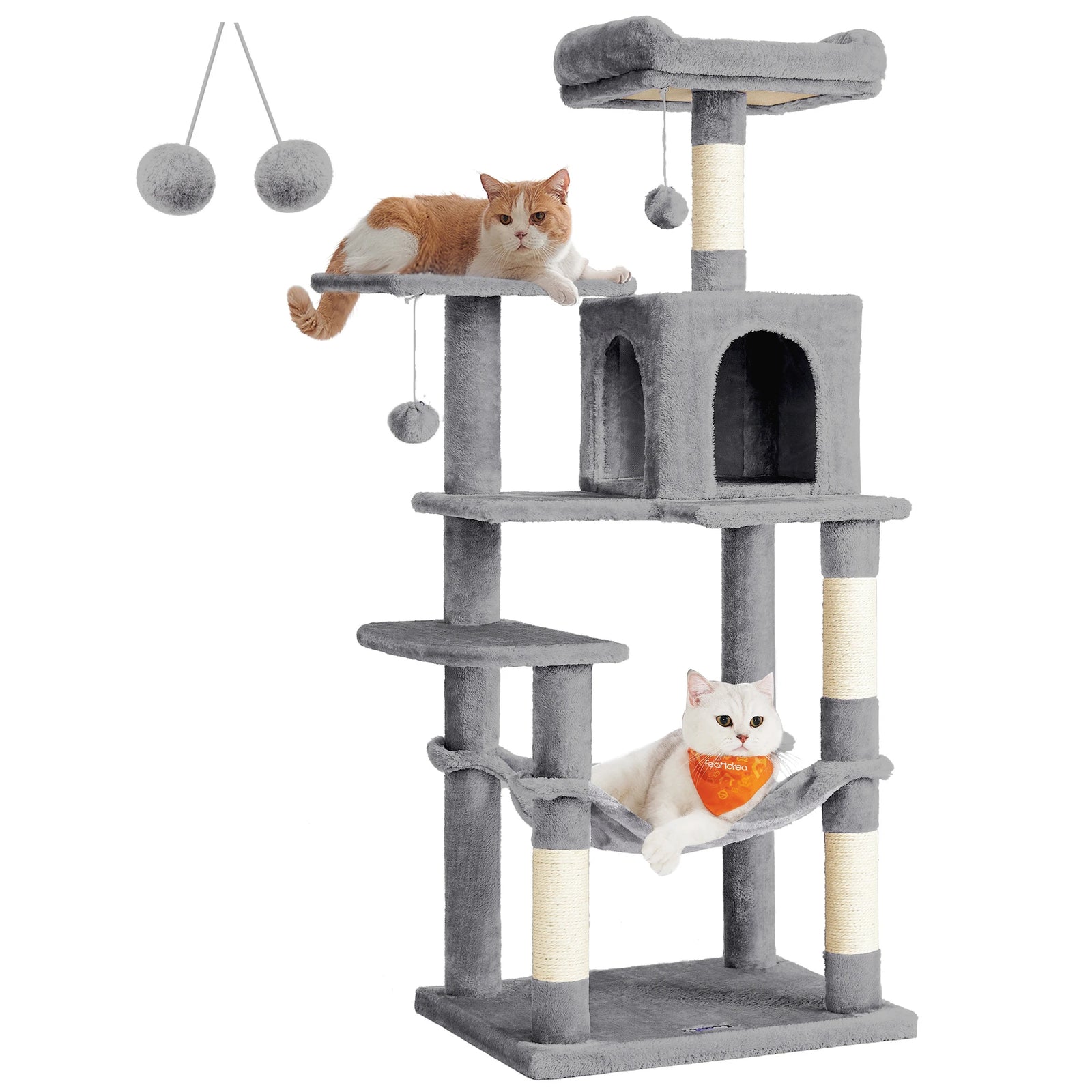 Feandrea 143cm Multi-Level Cat Tree - 4 Scratching Posts with Hammock & Cave