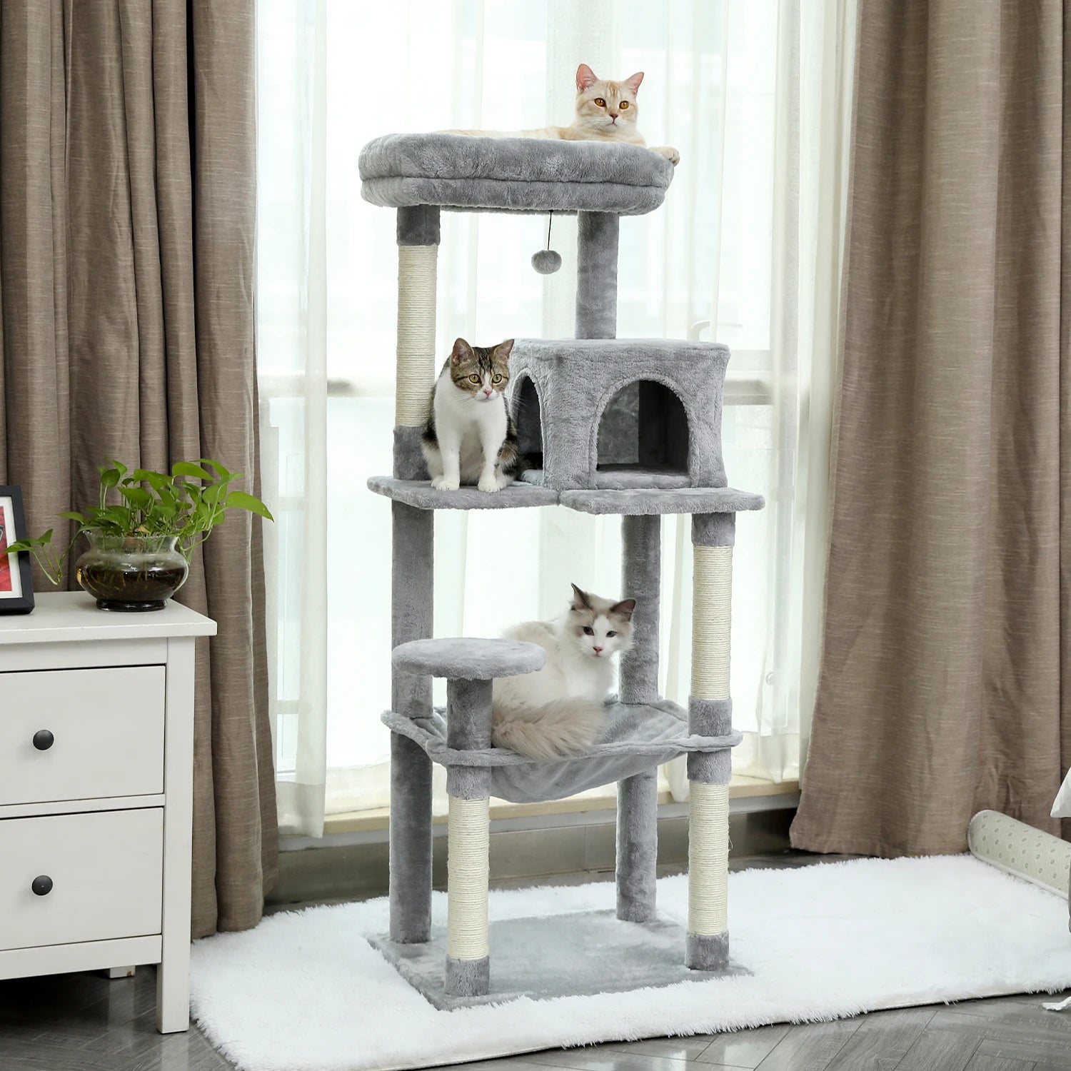Luxury Multi-Level Cat Tree Tower - Solid Wood Condo with Cabinet Storage