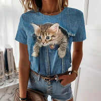 Anime Cat 3D Print Women's Tee - Summer Fashion O-Neck Top