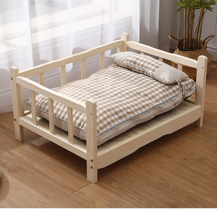 Premium Solid Wood Pet Bed - All-Season Removable Cushion for Dogs & Cats