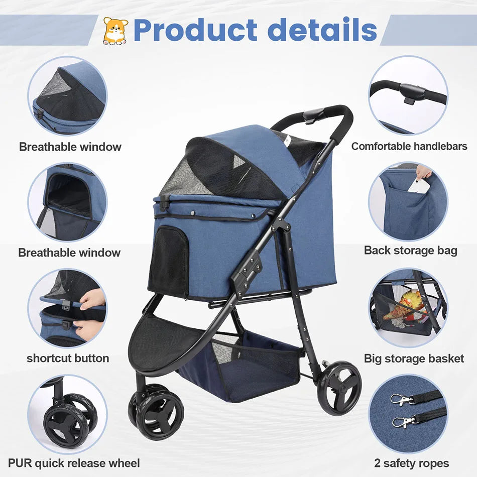 Heavy-Duty 3-Wheel Pet Stroller - 300lbs