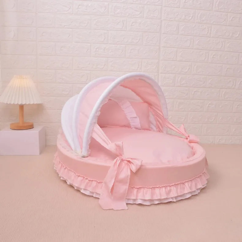 Luxury Round Pet Bed with Lace Trim - Washable Dog Bed