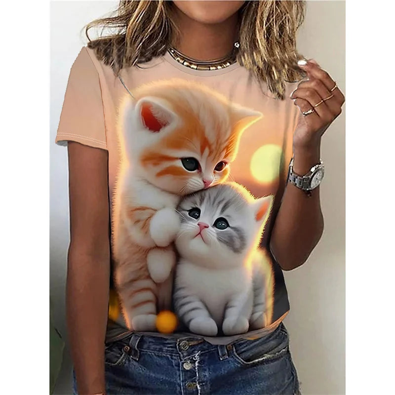 Cute Cat Pattern T Shirt for Women Animal 3D Printed Short Sleeves Summer Fashion Crew Neck Tops Girl Tees Versized T-Shirts