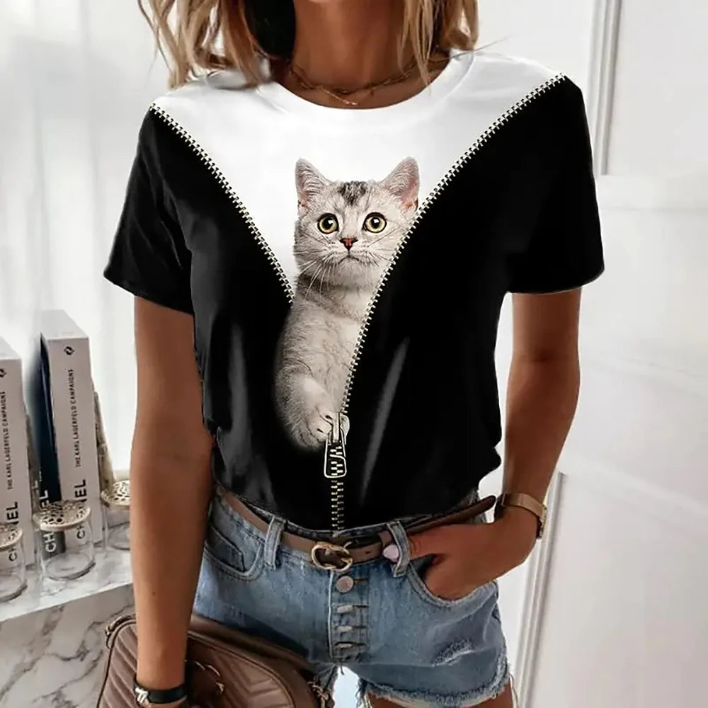 Anime Cat 3D Print Women's Tee - Summer Fashion O-Neck Top