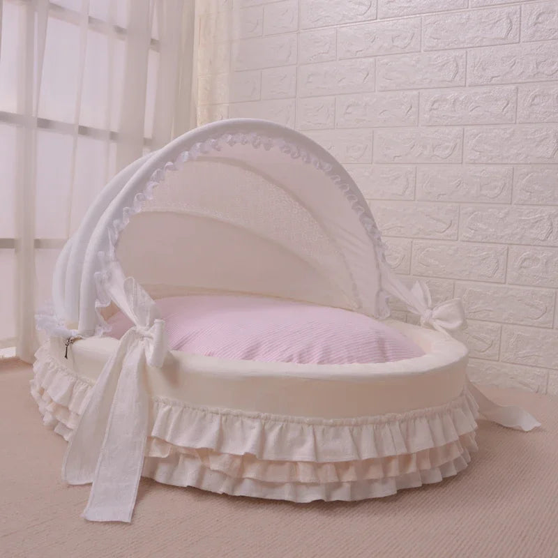 Luxury Round Pet Bed with Lace Trim - Washable Dog Bed