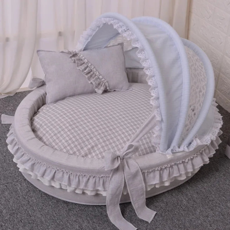 Luxury Round Pet Bed with Lace Trim - Washable Dog Bed
