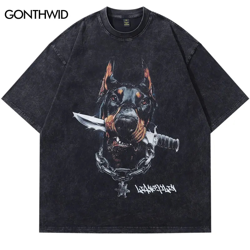 Vintage Doberman Streetwear T-Shirt - Oversized Hip Hop Gothic Graphic Tee