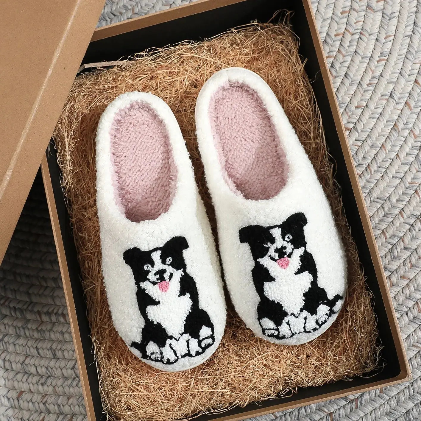 Border Collie Embroidered Plush Slippers