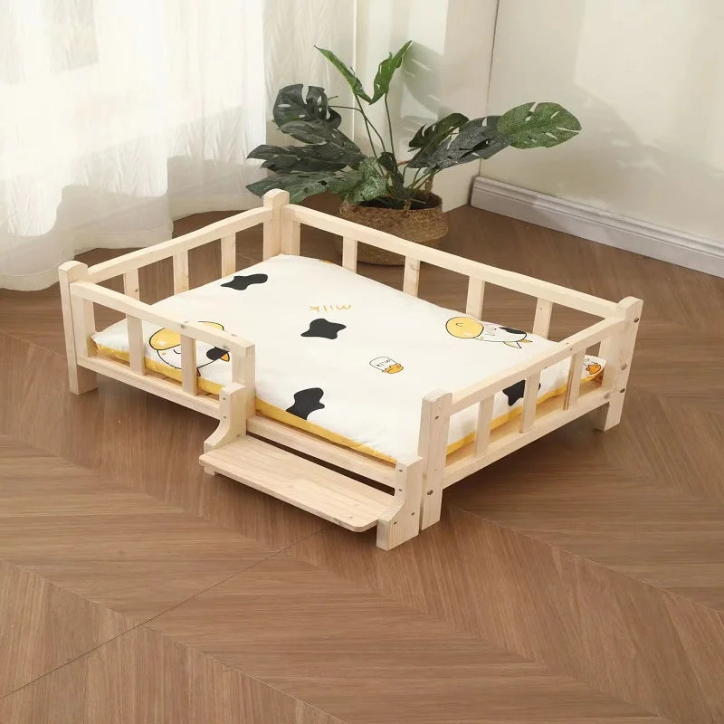 Premium Solid Wood Pet Bed - All-Season Removable Cushion for Dogs & Cats