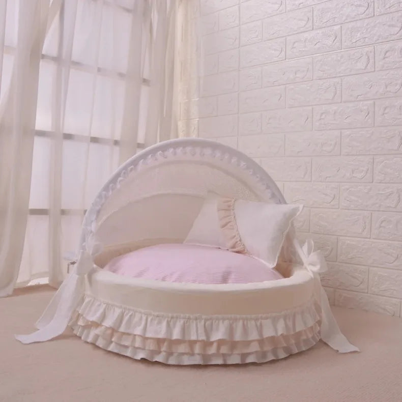 Luxury Round Pet Bed with Lace Trim - Washable Dog Bed