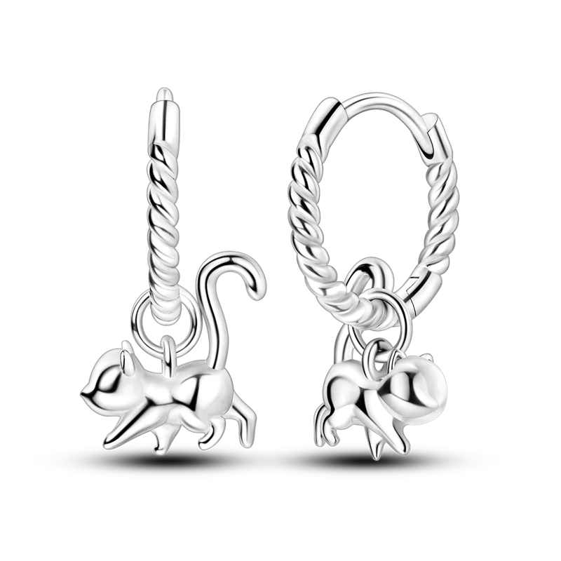 Sterling Silver Cat Hoop Earrings - Zircon Stone Party & Wedding Jewelry