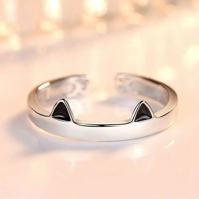 Cat Ear Paw Print Ring - Adjustable Pearl Hollow Heart Design