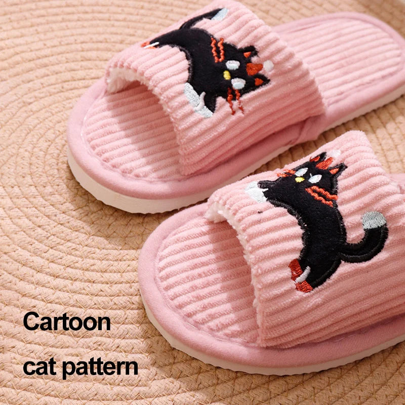 Cartoon Cat Open-Toe Plush Slippers