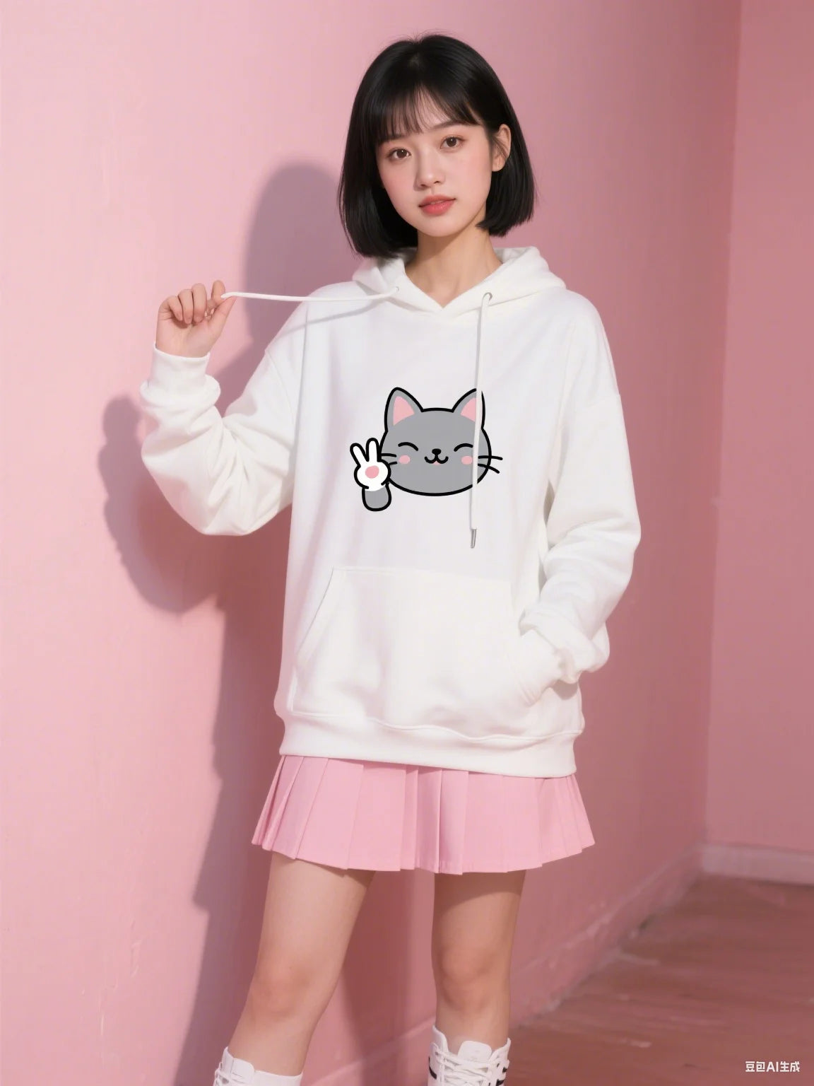 330G Heavy Duty Cartoon Cat Print Hoodie - Street Fashion Unisex Casual