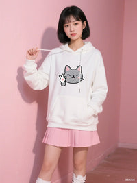 330G Heavy Duty Cartoon Cat Print Hoodie - Street Fashion Unisex Casual