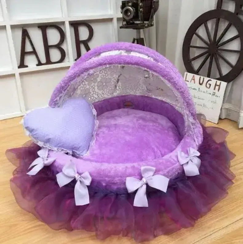 Luxury Round Pet Bed with Lace Trim - Washable Dog Bed