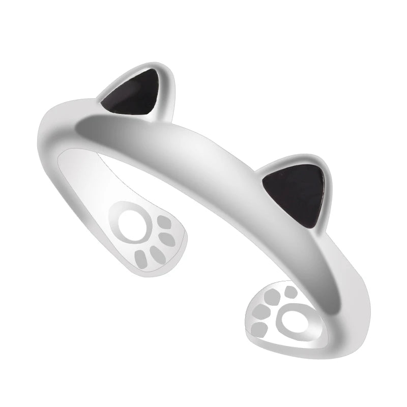 Cat Ear Paw Print Ring - Adjustable Pearl Hollow Heart Design