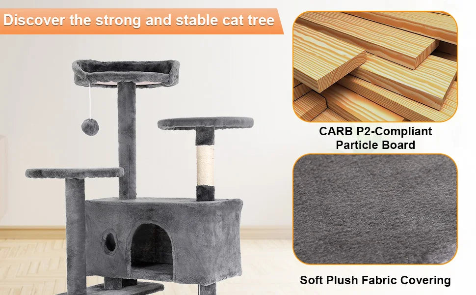Cat Tree 54/70 Inch Cat Tower Cat Condo with Sisal-Covered Scratching Posts Dangling Ball for Cats to Play and Sleep by Tail chasers