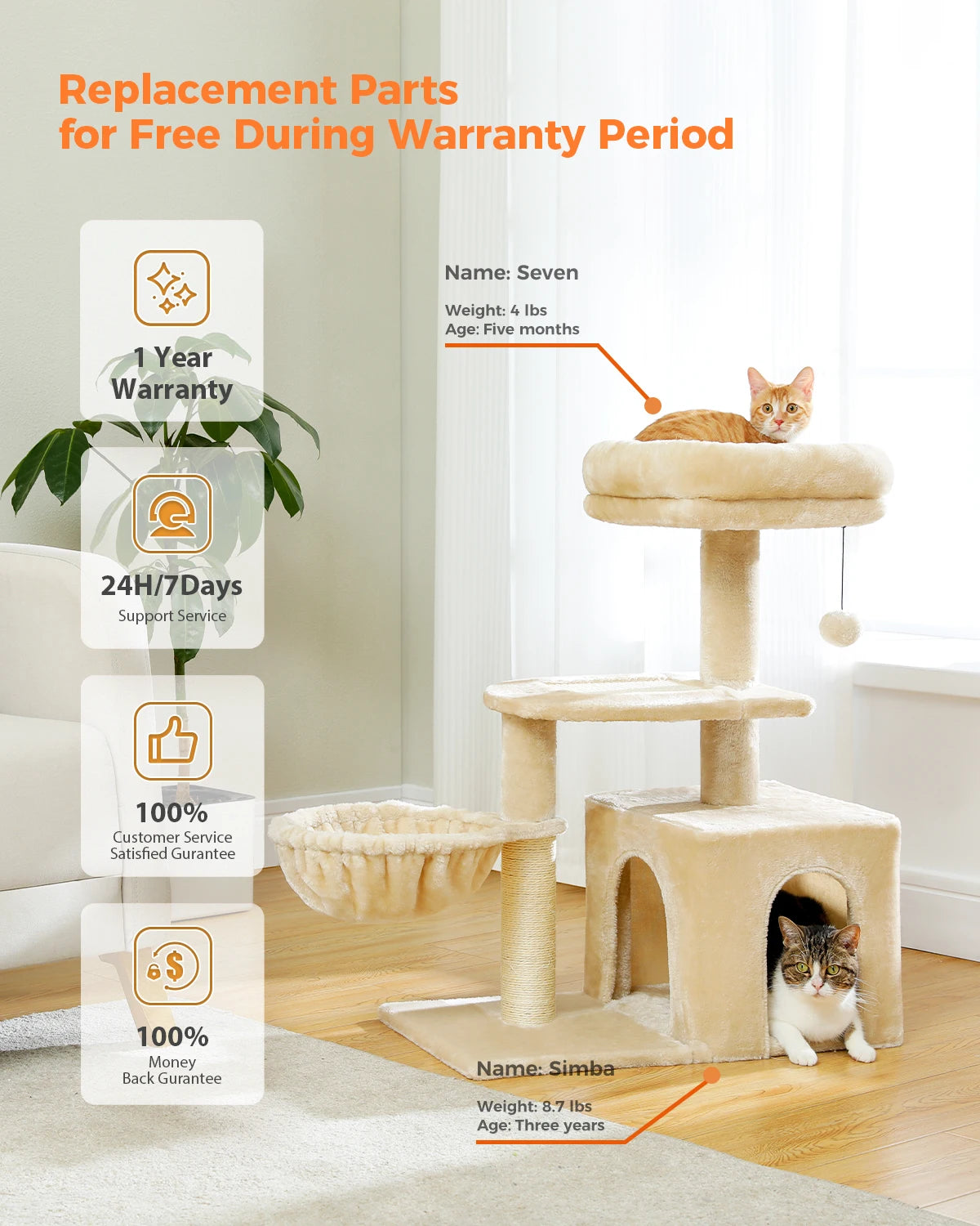 Multi-Level Cat Activity Tree with Scratching Posts & Hammock