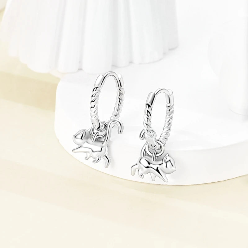 Sterling Silver Cat Hoop Earrings - Zircon Stone Party & Wedding Jewelry