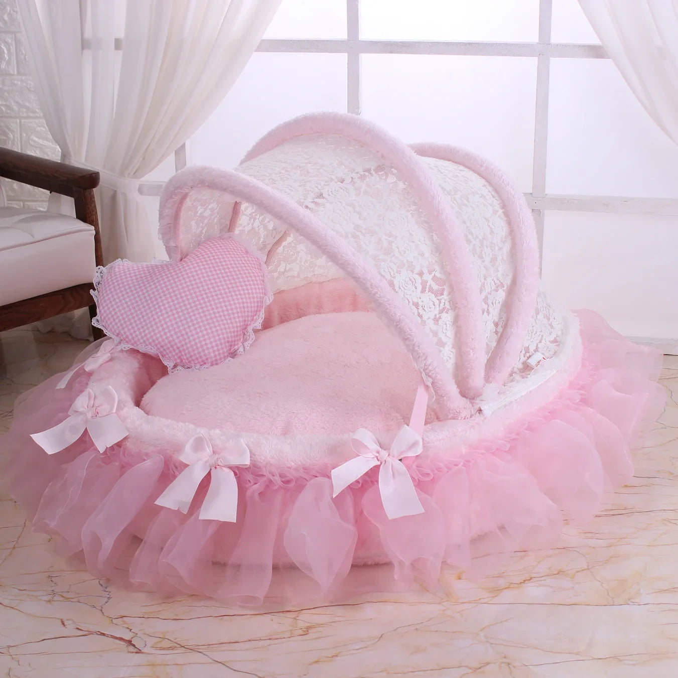 Luxury Round Pet Bed with Lace Trim - Washable Dog Bed