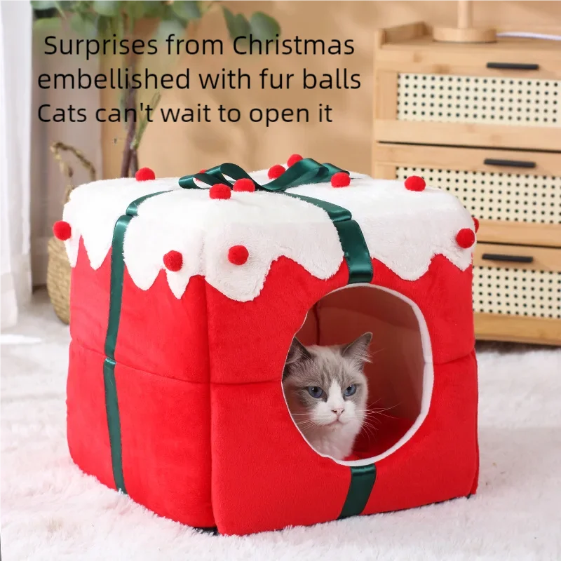 Christmas Gift Box Sleeping House for Festive Pets