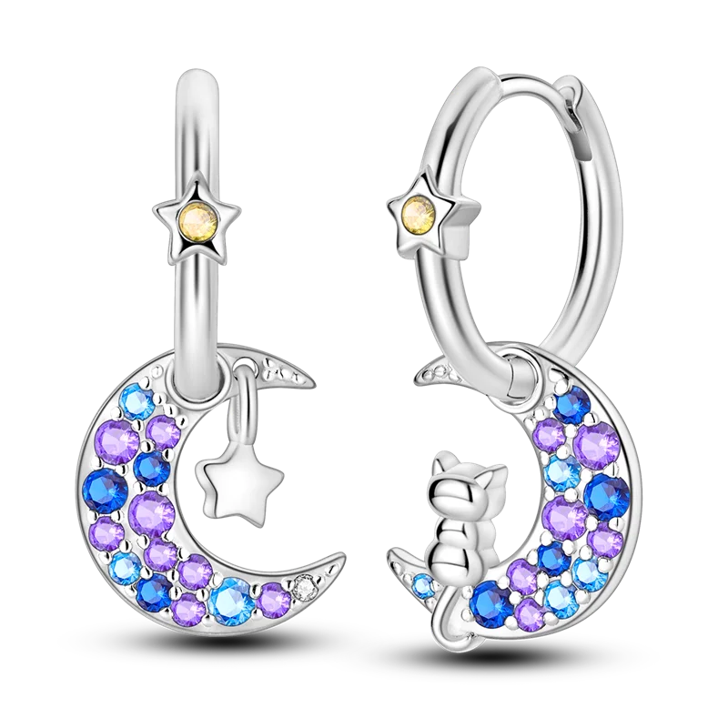 Sterling Silver Cat Hoop Earrings - Zircon Stone Party & Wedding Jewelry