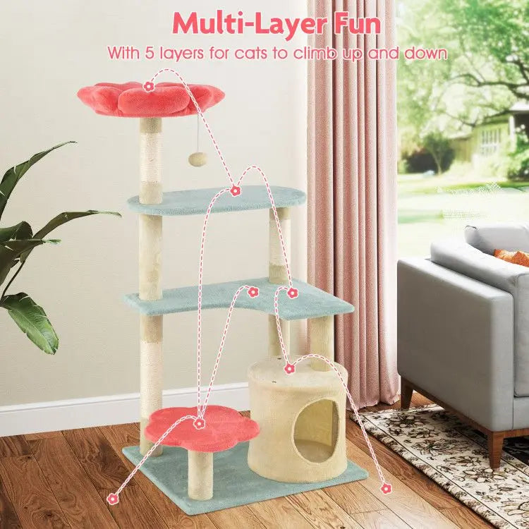 49-Inch Tall Multi-Level Floral Kitten Tower Perch by Tail chasers