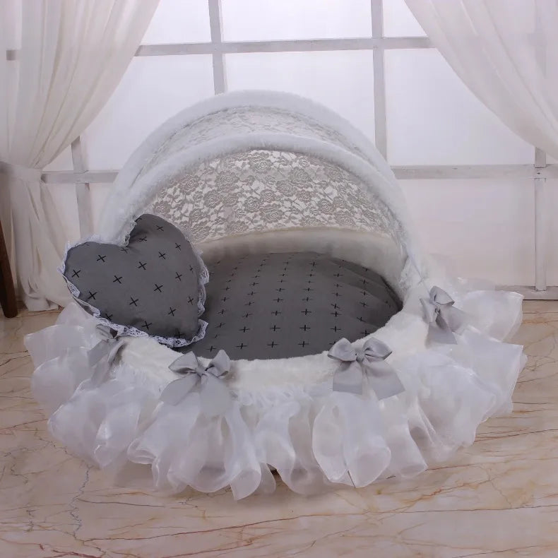 Luxury Round Pet Bed with Lace Trim - Washable Dog Bed