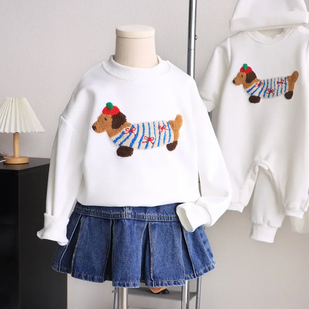 Family Funny Sweatshirt Cute Dog Print - Parent-Child Matching Clothes Father Mother Daughter Son