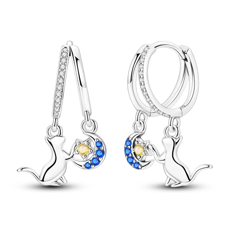 Sterling Silver Cat Hoop Earrings - Zircon Stone Party & Wedding Jewelry