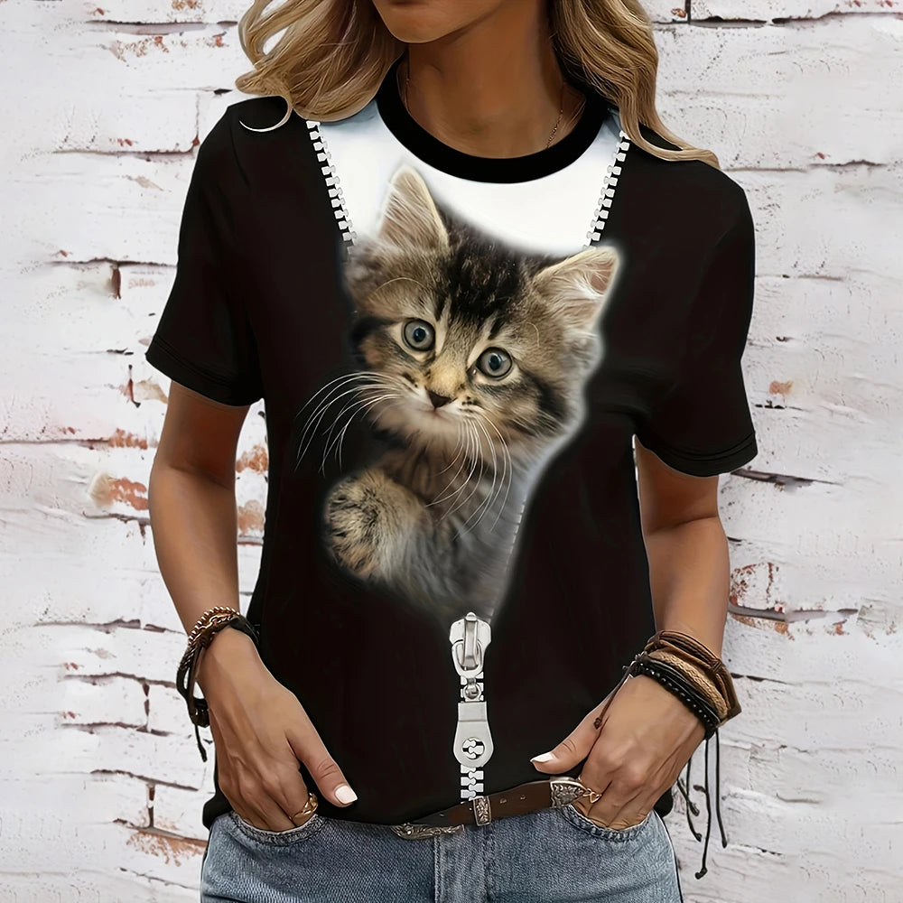 Anime Cat 3D Print Women's Tee - Summer Fashion O-Neck Top