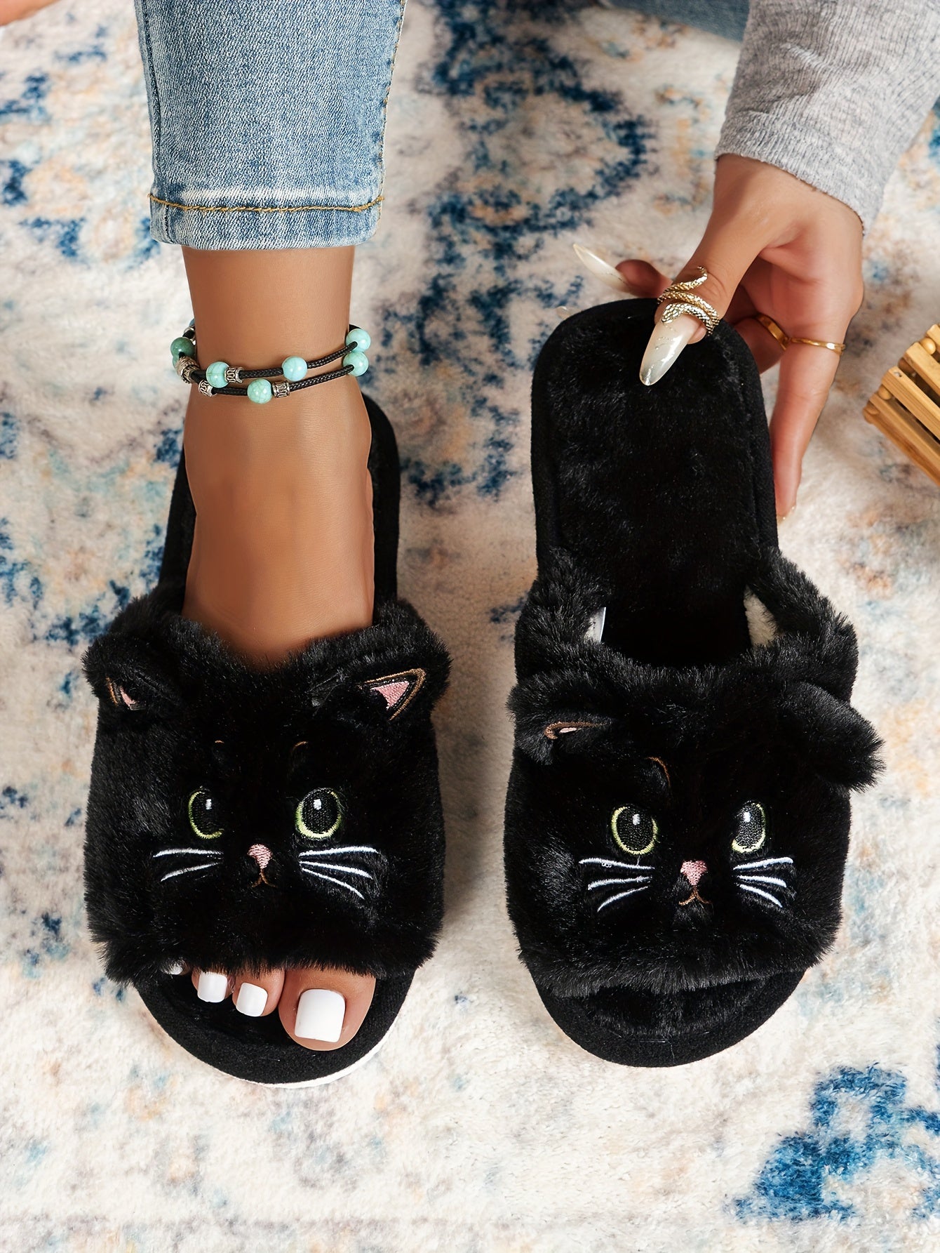 Black & White Cat Fleece Slippers